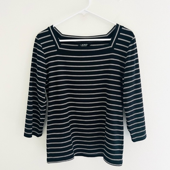 Ralph Lauren Black Striped Square Neck Cotton Long Sleeve Tee Large - Picture 1 of 5